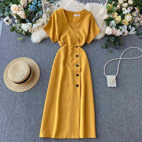 

2022 vintage slim v neck button dresses summer midi long dress vestido de festa party evening women casual elegant vestidos y220413, Black;gray