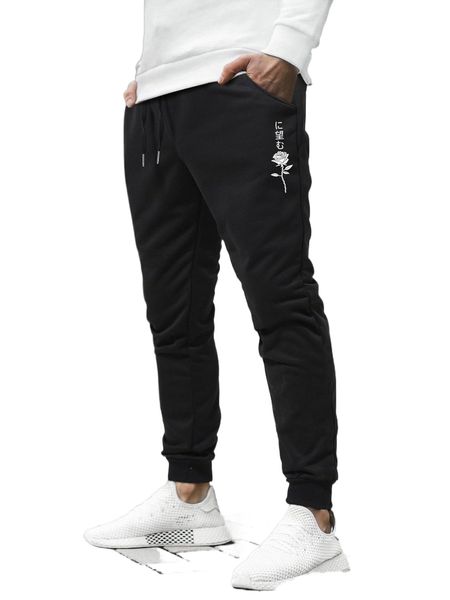 

men japanese letter & floral print drawstring waist pants k95w#, Black