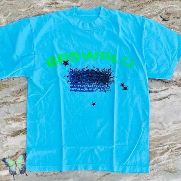 

blue foaming printing young thug sp5der 555555 bp5wrld t shirt men women spider web pattern t-shirt tees, White;black
