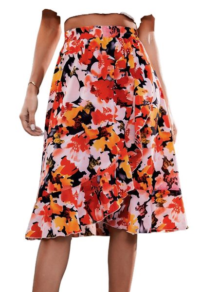 

allover floral print ruffle trim wrap skirt v1tq#, Black