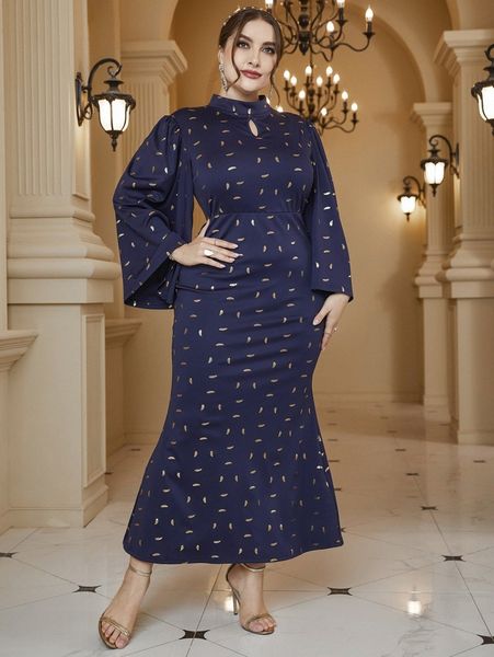 

plus gold print butterfly sleeve keyhole neck split back dress c8iz#, Black