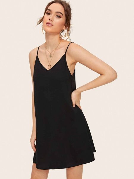 

solid strappy back cami dress 34aq#, Black;gray