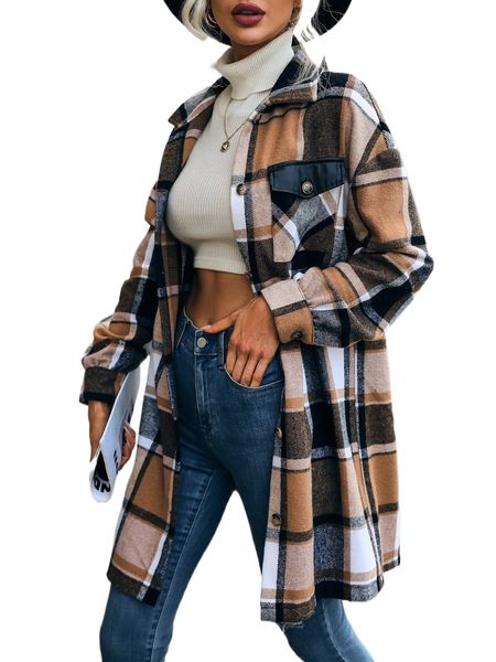 

plaid print drop shoulder flap pocket overcoat d1ug#, Black