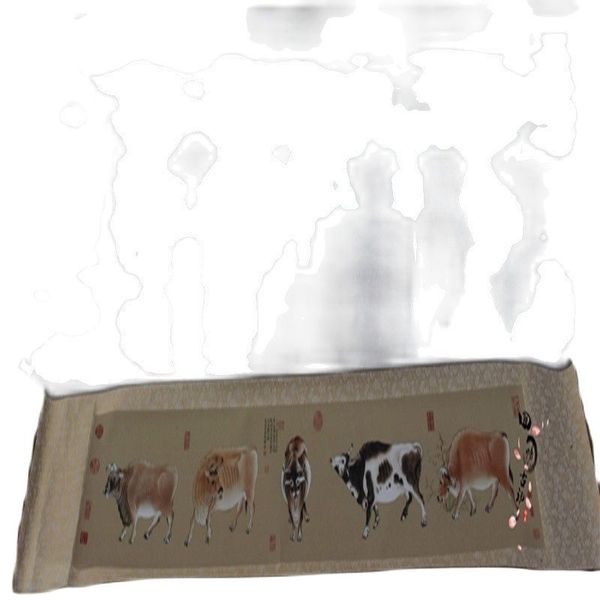 

chinese old scroll painting and calligraphic five oxen, Silver