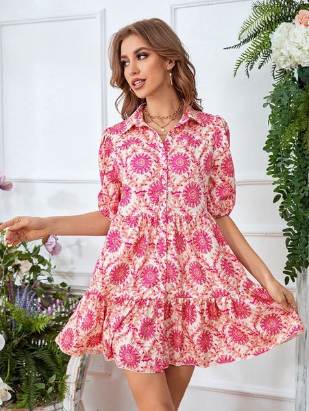 

all over print puff sleeve ruffle hem smock dress r92e#, Black;gray