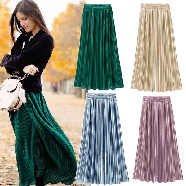 

vintage skirts women metallic luster stretch high waist plain skater flared pleated long skirt gold sequined skirts, Black
