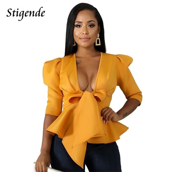 

stigende half sleeve deep v neck bow blouse women summer casual solid color ruffle blouse elegant bandage crop blouse t200322, White