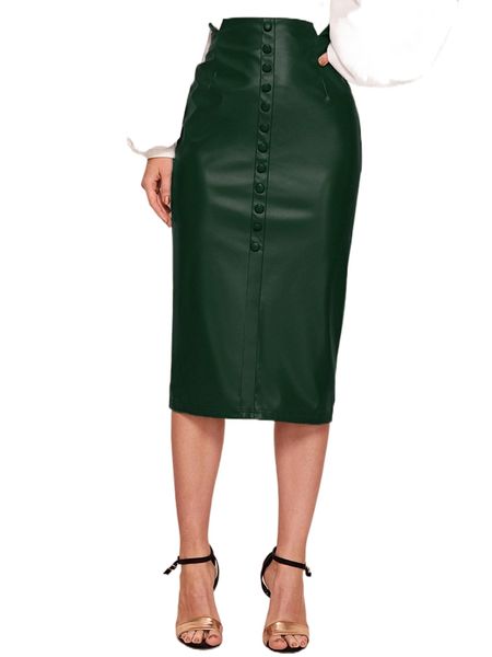 

notched waistband buttoned front pu leather skirt l2df#, Black