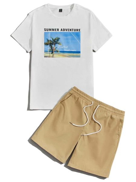 

men coconut tree & slogan graphic tee & drawstring waist shorts a36w#, Gray