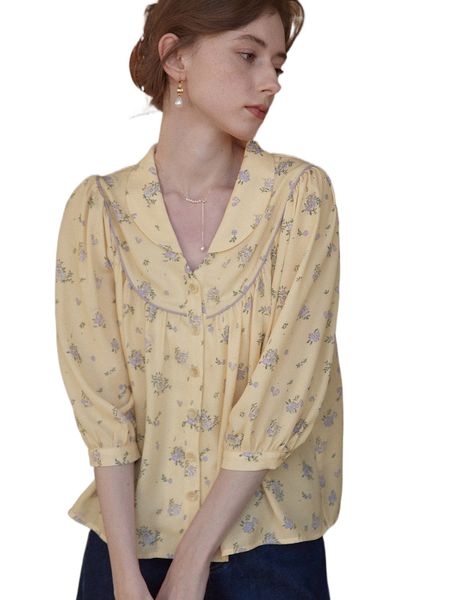 

simple retro ditsy floral button front shirt m5up#, White