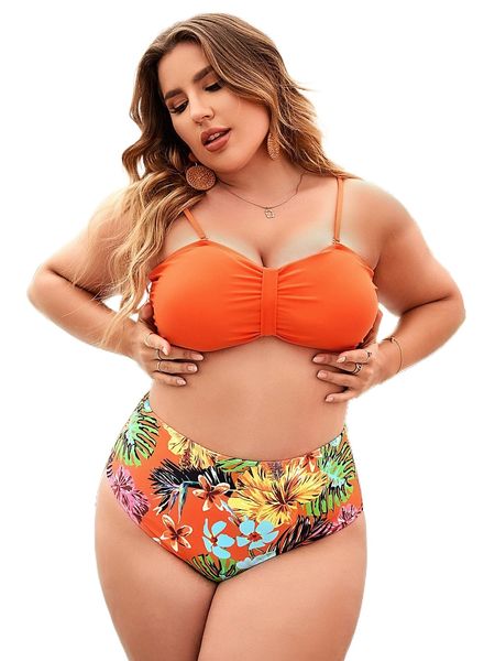 

plus tropical print knot back bikini swimsuit 05s4#, White;black