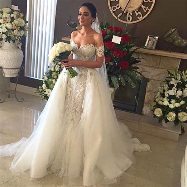 

elegant beaded lace wedding dresses mermaid bridal gowns with detachable train off shoulder applique satin bride dress, White