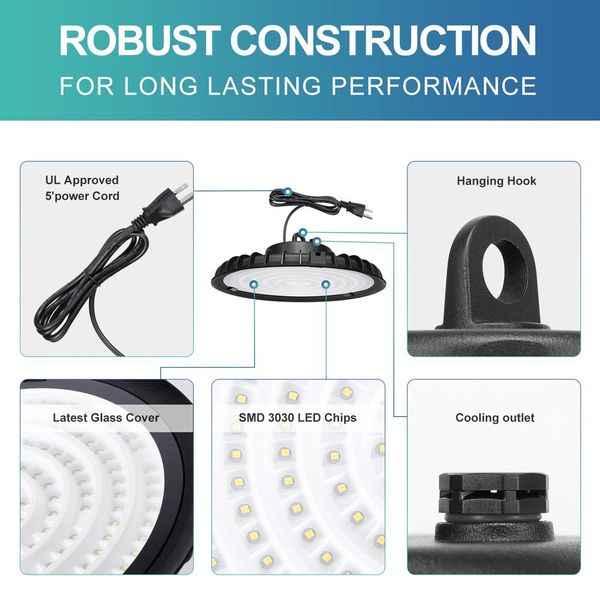 

ufo led high bay light 100w 200w 300w us hook 5 cable industrial