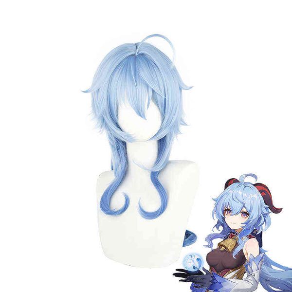 

genshin impact ganyu wig cosplay gradient blue long curly temples heat resistant synthetic hair halloween role play y220512, Black