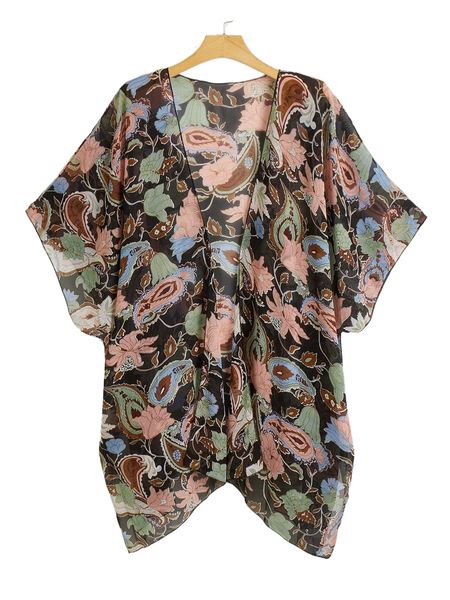 

plus paisley & floral open front kimono o52n#, Black;gray