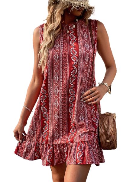 

paisley & geo print keyhole back ruffle hem dress 65vl#, Black;gray