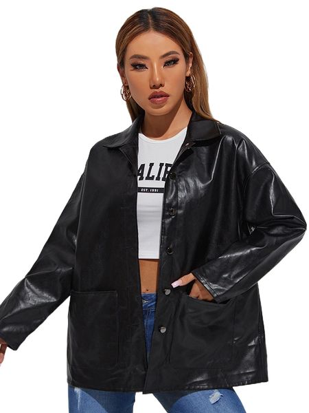 

petite solid dual pocket drop shoulder pu leather coat m9tw#, Black