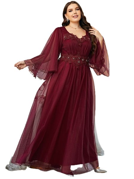 

plus applique trumpet sleeve sweetheart neck mesh bridesmaid dress c346#, Black