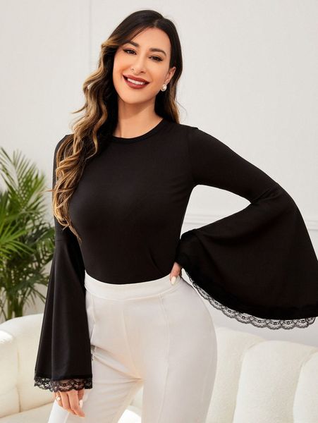 

contrast lace flounce sleeve tee j93t#, White