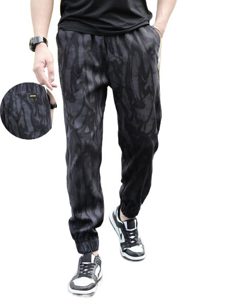 

men allover print drawstring pocket pants f19k#, Black