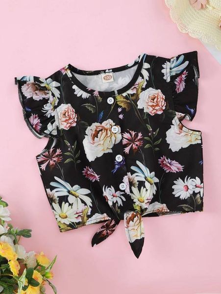 

toddler girls floral print ruffle trim knot blouse she, White;black