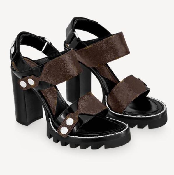 

womens leather chunky sandal sewing studs party ankle strap high heel designer sandals with box, Black