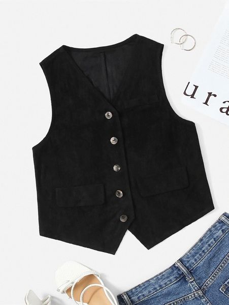 

button placket flap detail buckle back blazer vest c1k5#, White