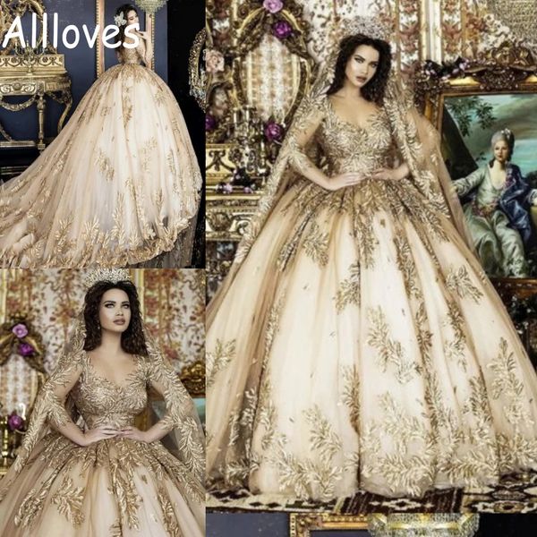 

royal queen ball gown wedding dresses champagne lace appliqued long sleeves puff skirt bridal gowns court train plus size vestidos de novia, White
