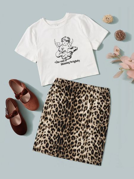 

teen girls angel and slogan pattern tee & leopard print skirt she, White