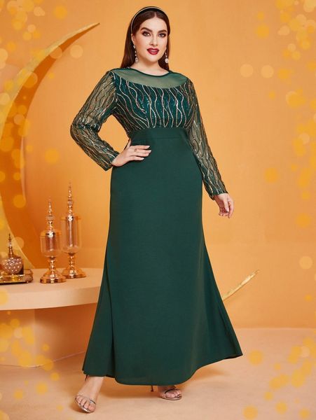 

plus contrast sequin mesh insert dress 13yc#, Black