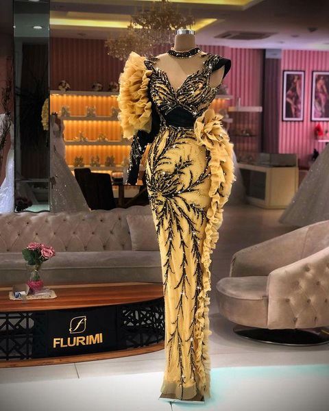 

yellow black mermaid prom dress v neck sequins beads appliques one long sleeve high waist crystal lace applique party dress sweep train