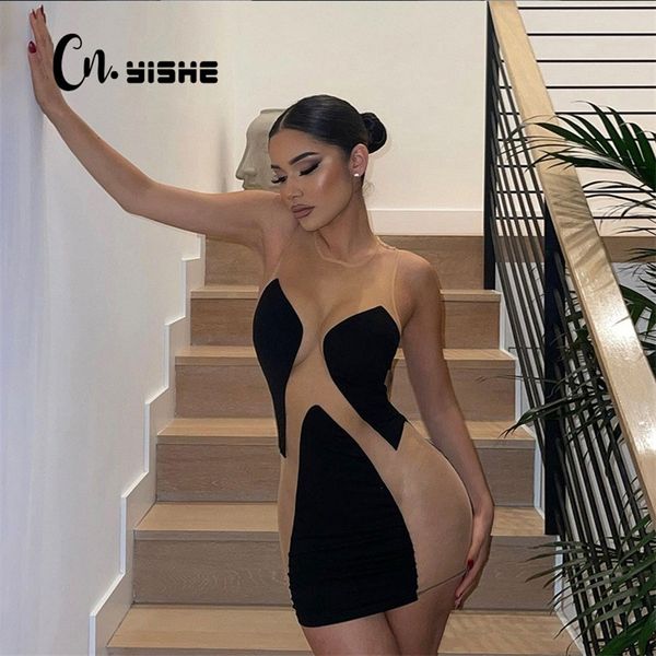 

cnyishe midnight clubwear dress women sleeveless mesh patchwork short dresses female sundress robes spring clothing 220511, Black;gray
