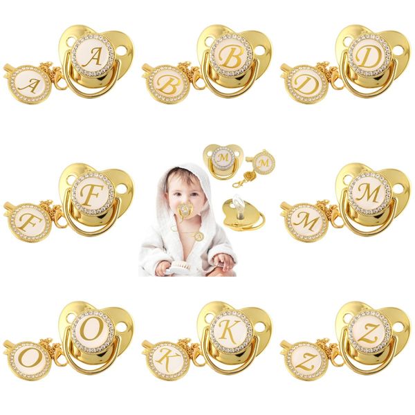 Gold 26 Letra inicial Lúria de bebê de luxo com clipe de cadeia recém-nascido BPA Free Bling Dummy Soother Chupete 0-18 meses