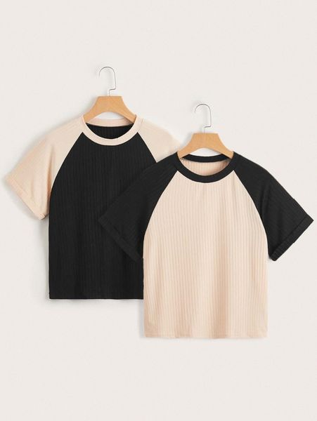 

2pcs colorblock raglan sleeve rib knit tee 74ff#, White