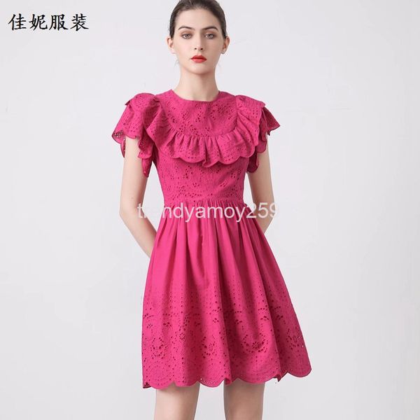 

casual dresses spring and summer women's round neck ruffle heavy industry embroidery flower hollow slim skirt dress, Black;gray