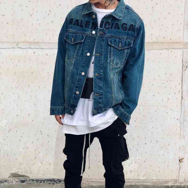 

843p 1tgs correct paris new blue black letter embroidered washed denim jacket for men and women, Black;brown