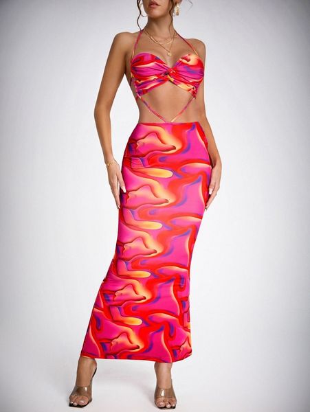 

tall tie dye twist front cutout tie backless bodycon dress w8of#, Black;gray