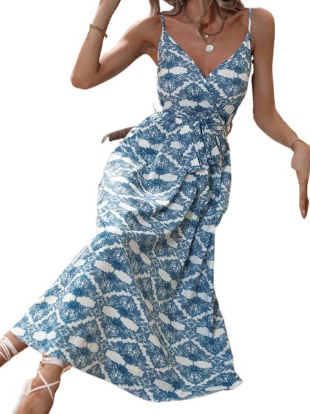 

graphic print surplice neck belted cami dress h3yz#, Black;gray