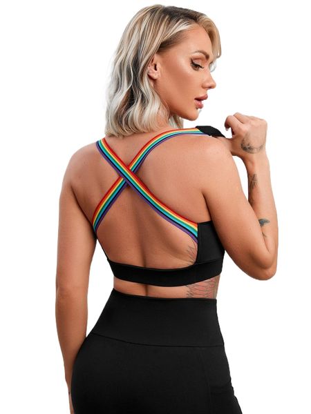 

rainbow striped strap crisscross back sports bra v7yu#, Gray