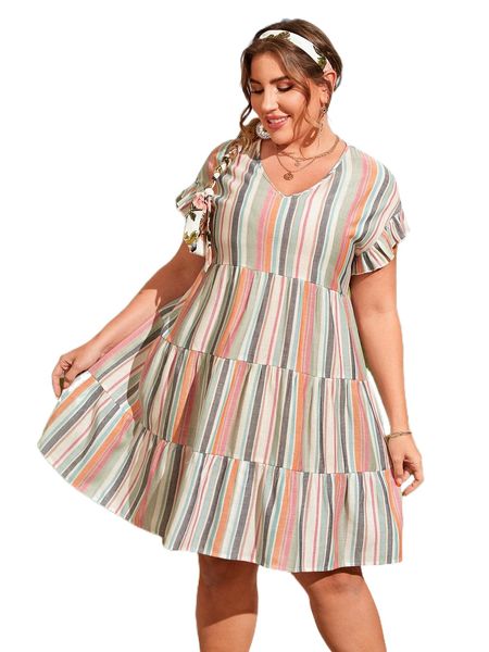 

plus striped batwing sleeve ruffle hem smock dress i3aw#, Black