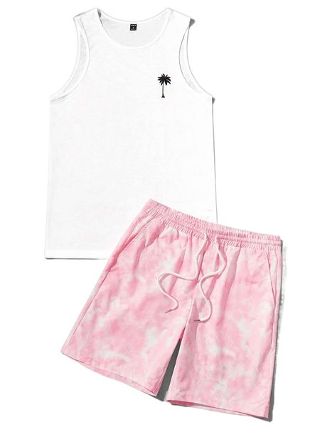 

men coconut tree print tank & tie dye shorts w1yy#, Gray