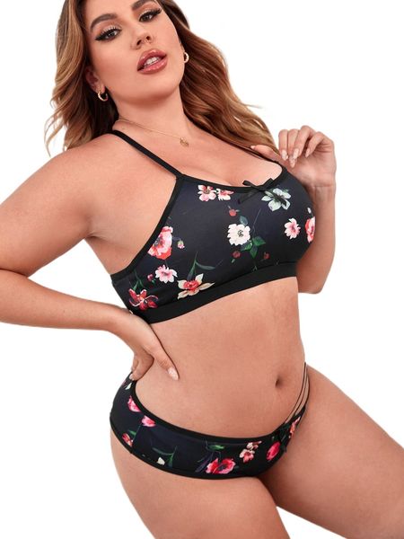 

plus floral print lingerie set k2pn#, Black;white