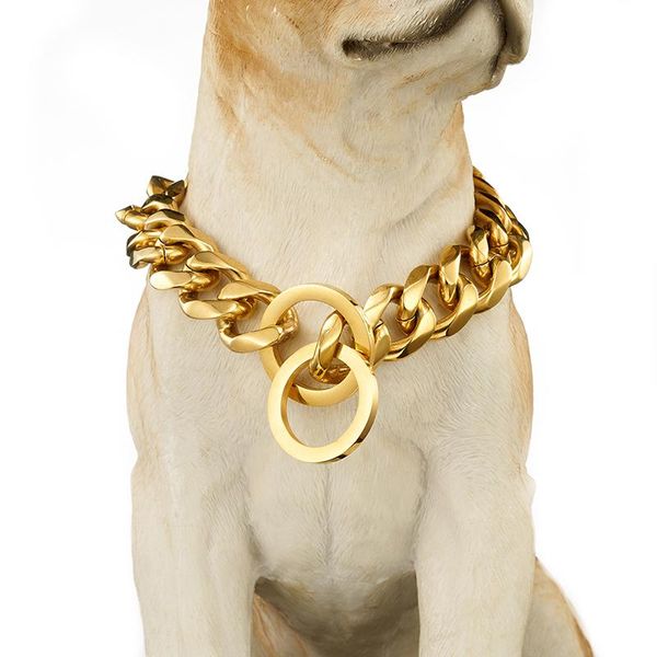 Catene Top Quality 19mm 18-30 pollici Oro Argento Tono Doppio Curb Cuban Pet Link Collane con collare a catena per cani di grandi dimensioni in acciaio inossidabile