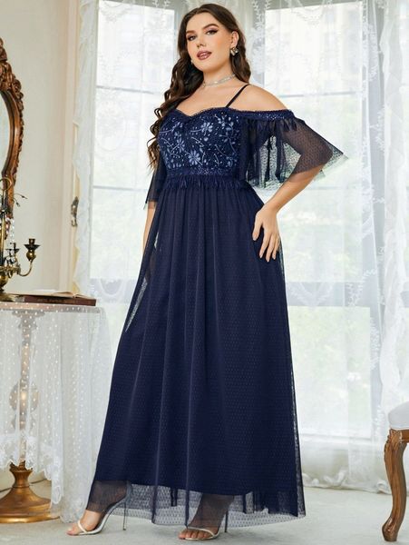 

plus contrast lace cold shoulder flutter sleeve mesh bridesmaid dress 45oi#, Black