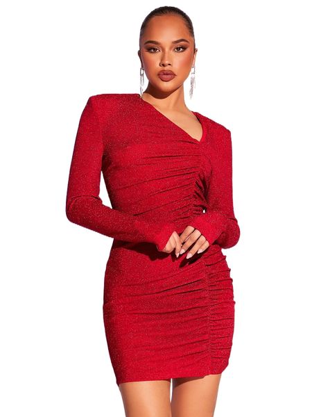 

bae asymmetrical neck ruched glitter bodycon dress i0nc#, Black;gray