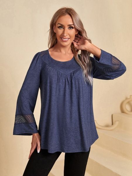

emery rose solid contrast lace flounce sleeve tee d2fy#, White