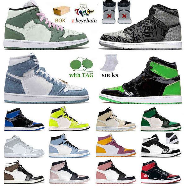 

original jorden1s og basketball shoes jumpman 1 1s denim rebellionaire banned dark mocha panda university blue high mid dutch green designer, Black