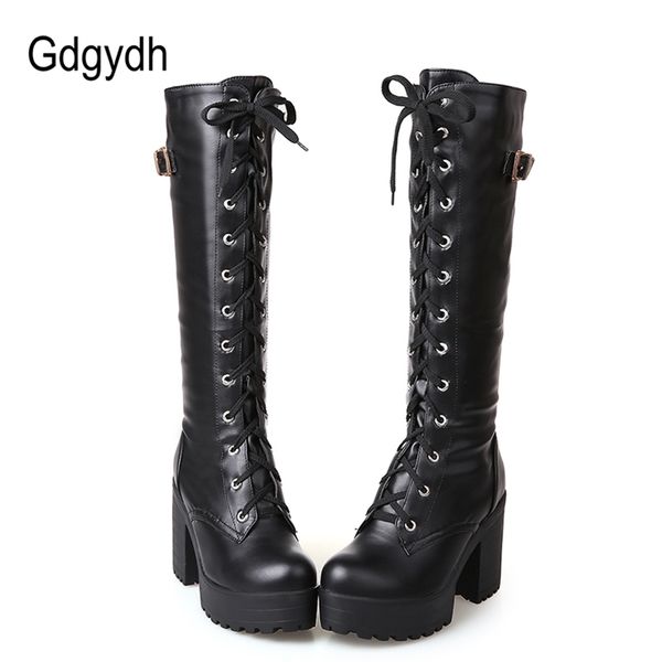 

gdgydh spring autumn lacing knee high boots women fashion white square heel woman leather shoes winter pu large size 43 220817, Black