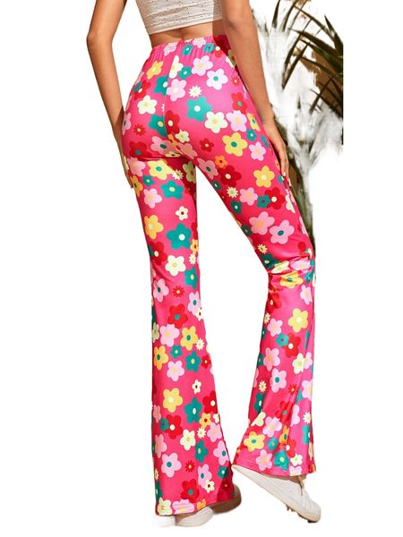 

high waist floral print flare leg pants g60o#, Black;white