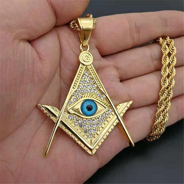 Anhänger Halsketten Drop Hip Hop Iced Out Freimaurer Allsehendes Auge Halskette Kette Gold Farbe Edelstahl Freimaurer Mason JewelryPendant